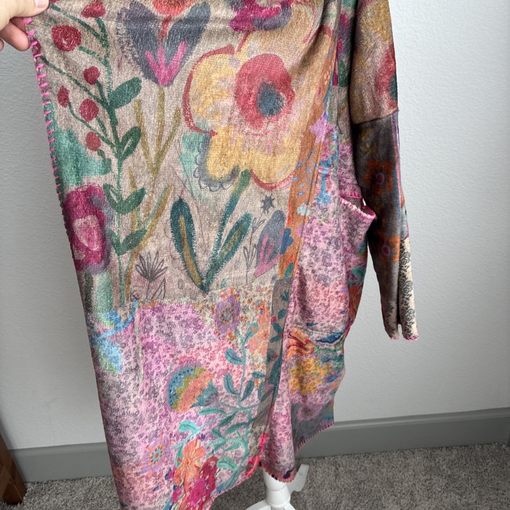 Natural Life Long Cozy Patchwork Blanket Kimono Pink Trim S/M Sherpa Lined Boho - Picture 5 of 16